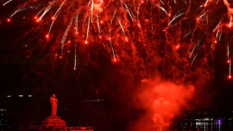 Fireworks dot sky over Tank Bund as Saddula Bathukamma celebrations were held on Thursday evening